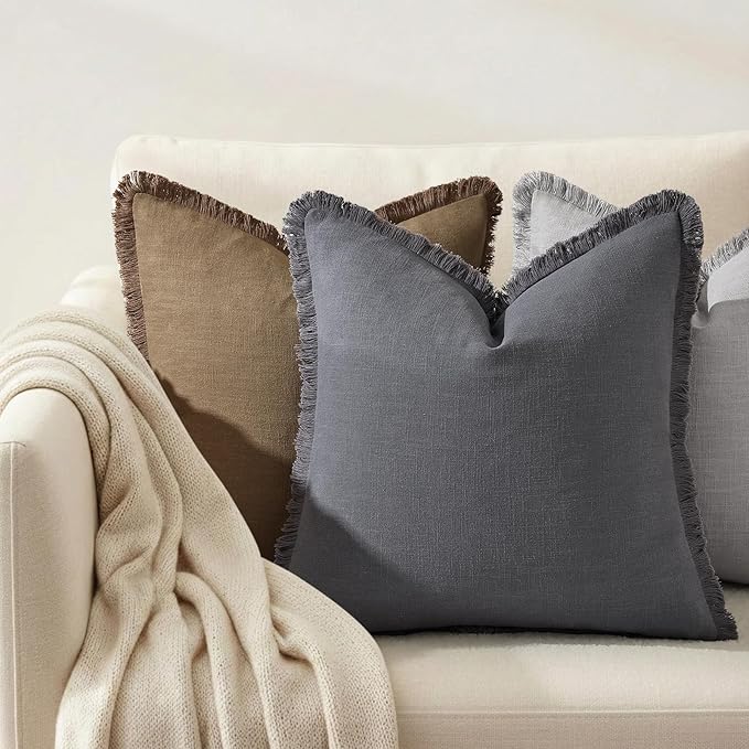 decorUhome Summer Decorative Neutral Linen Fringe Euro Sham Throw Pillow Covers Set of 2 Dark Grey Pillow Covers with Tassels Soft Farmhouse Boho Accent Pillow Cases for Couch Bed Sofa 22x22 Inch