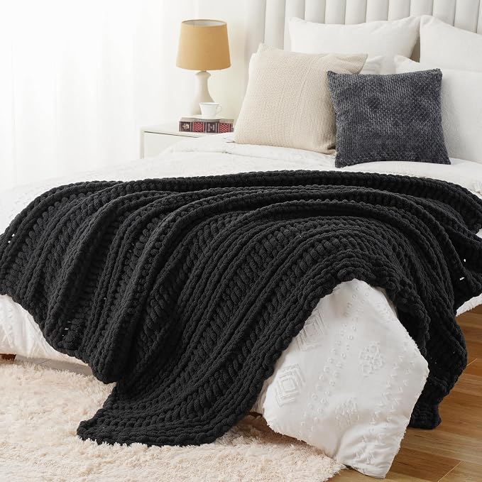 Battilo Chunky Knit Throw Blanket for Couch, 50"x60", Charcoal | Hand Knit, Dark Grey Throw Blanket, Cozy Warm Thick Soft Chenille Throw Blanket for Bed, Sofa, Living Room