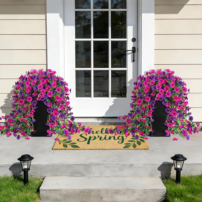 Fake Artificial Hanging Morning Glory Flowers for Outdoor Planters Porch Pation Decoration,2 Bundles UV Resistant Silk Faux Flowers with Realistic Eucalyptus Plants for Home Office Garden Decor