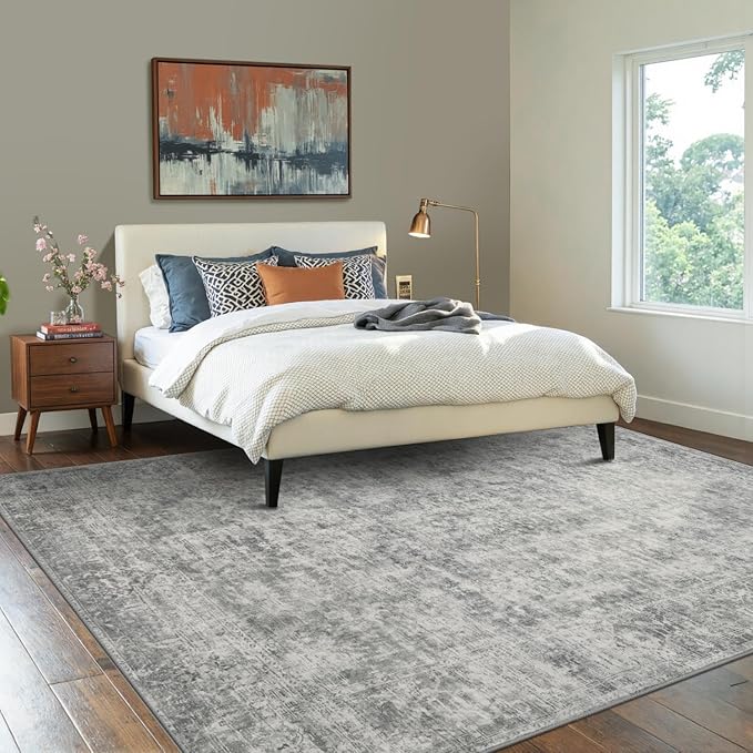 Rugxara 6x9 Area Rugs for Living Room Bedroom, Large Washable Rug, Grey Vintage Abstract Boho Rug, Non Slip & Low Pile Faux Wool Carpet for Indoor Dining Room, Farmhouse and Kids Room(Grey 6x9ft)