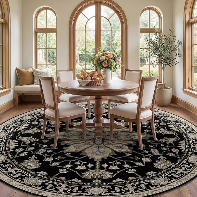 RELEANY Area Rugs 8ft Washable Non-Slip, Floral Vintage Distress Print Pattern Medallion Carpet for Living Room Bedroom Dining Room, Black Brown Neutral Dark Tan