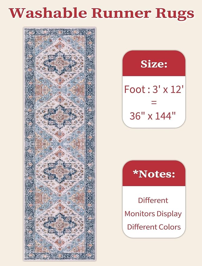 SERISSA Runner Rug for Hallways, 3x12 Washable Non Slip Kitchen Runner Rug, Extra Long Boho Rug Ultra Soft Vintage Blue Orange Print Floor Carpet for Bedroom Hallway Entryway Bathroom Laundry Room