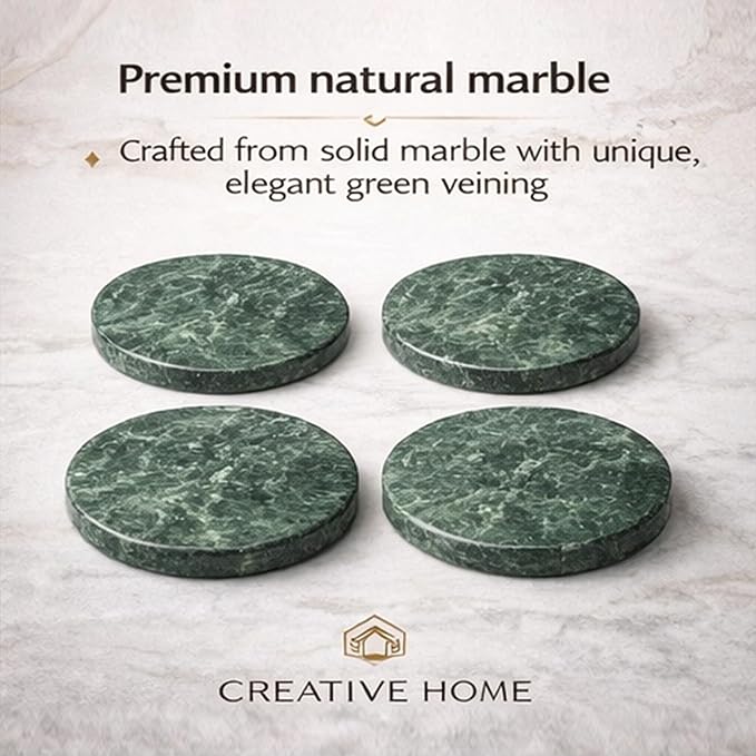 Creative Home Genuine Green Marble Stone Set of 4 Round Coaster Set