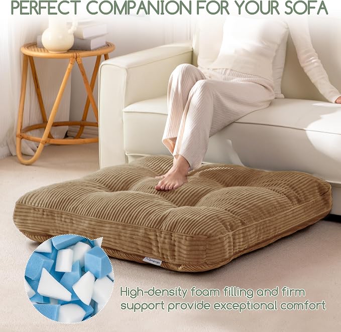 HIGOGOGO 35" Floor Pillow Cushion for Adults, Meditation Cushion Pillow, Extra Large Square Floor Sitting, Tufted Corduroy Cover for Tatami Living Room or Yoga, Coffee