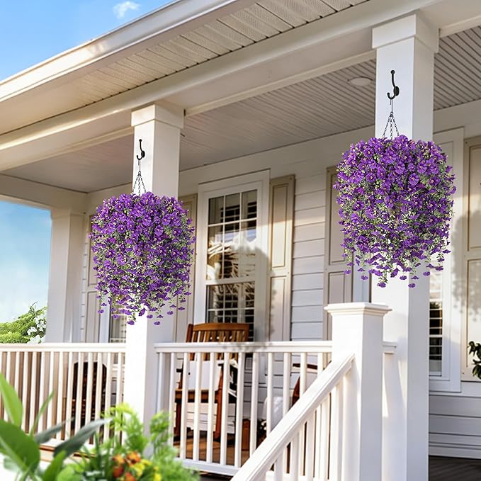 Artificial Hanging Flowers with Basket, 480 Blooms UV Resistant Faux Morning Glory Silk Plants, Fast & Easy Assembly Fake Hanging Baskets for Outdoor Porch Patio Garden Decor, Purple