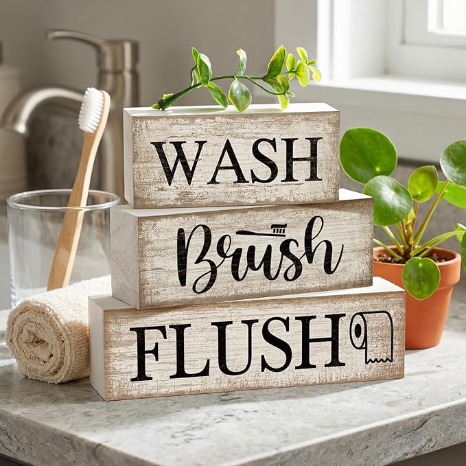 Moucuny 4 Pcs Farmhouse Table Decor Bathroom Wooden Signs Rustic Eucalyptus Leaves Wooden Block Sign Gift Wash Brush Flush Farmhouse Table Centerpiece for Living Room Housewarming Gift