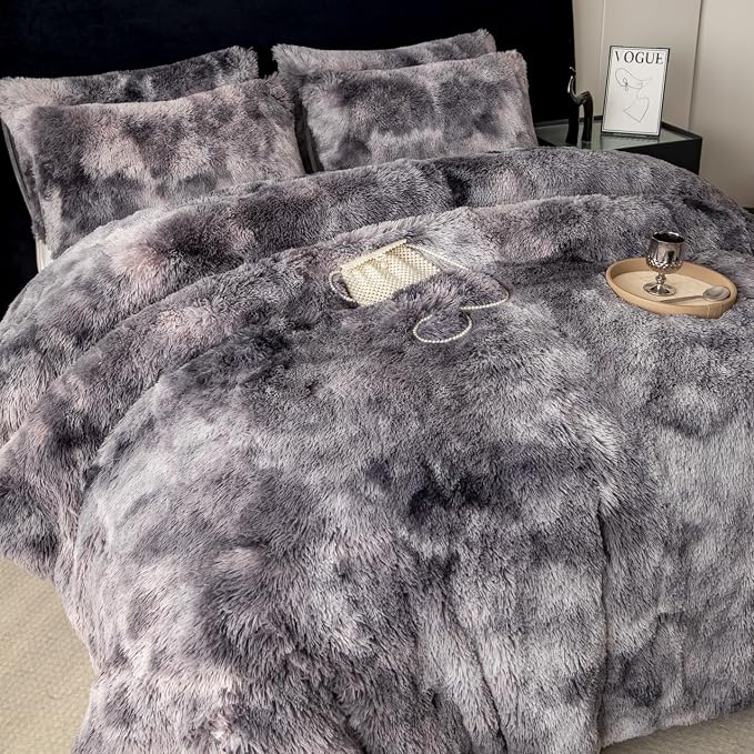 chovy Faux Fur Tie-Dyed Black Gray White Colorful Comforter Sets King - 3PC Bed Set Ultra Soft Plush Flannel Velvet Fluffy Fuzzy Bedding（Comforter x 1 Pillowcases x 2）