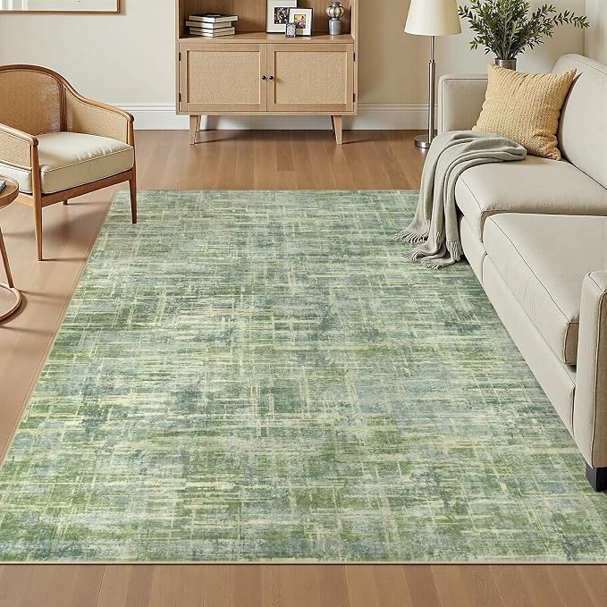 UERMEI 5x7 Washable Area Rug for Living Room: Modern Neutral Abstract Soft Low Pile Carpet Non-Slip Pet Kids Friendly Indoor Decor for Bedroom Dining Room Home Office Nursery Green