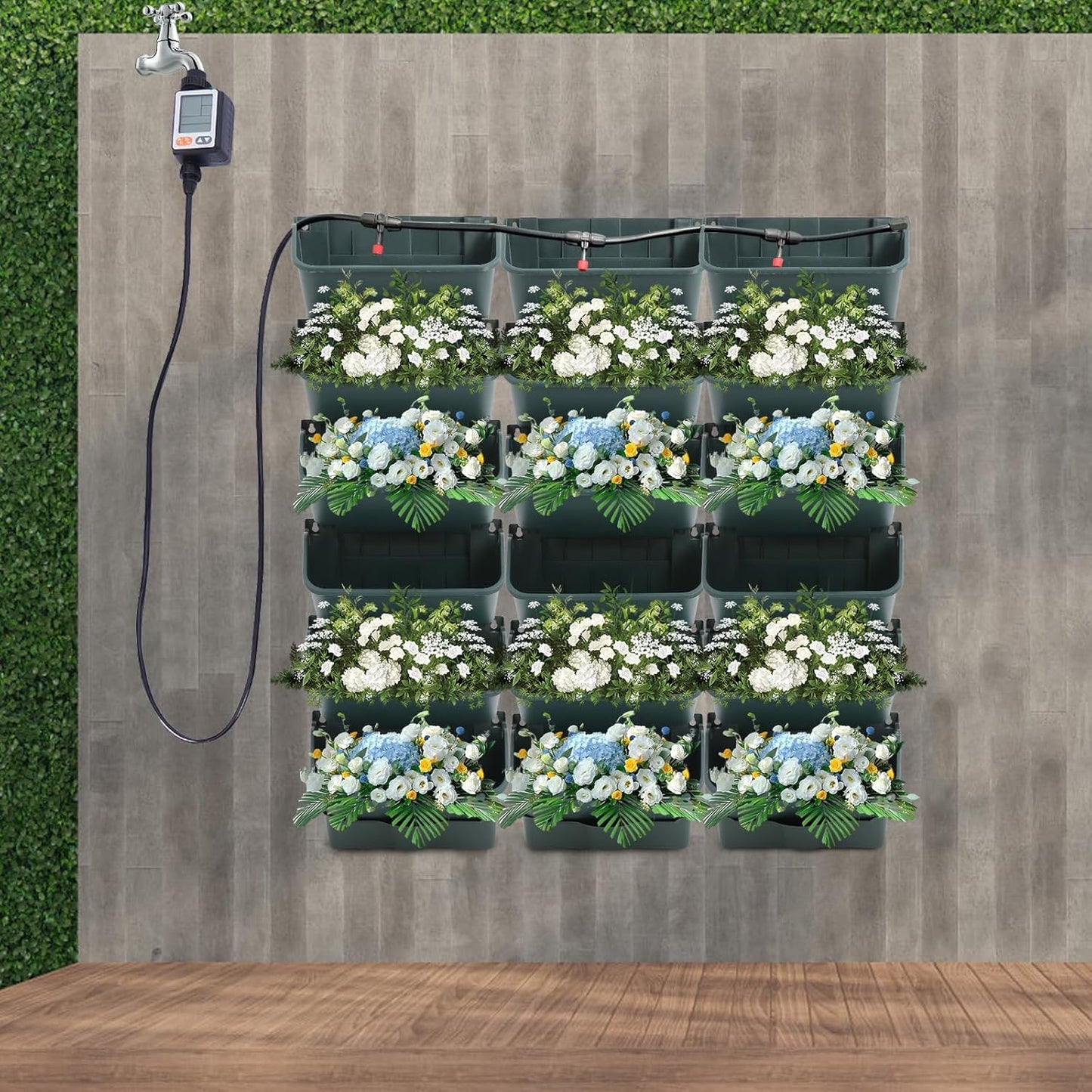 Self-Watering Wall-Mounted Planter, Vertical Garden Planter Set with 18 Pots, Stackable Plant Grow Pots with Electronic Timer for Growing Veggies, Fruits, Herbs, Flowers.