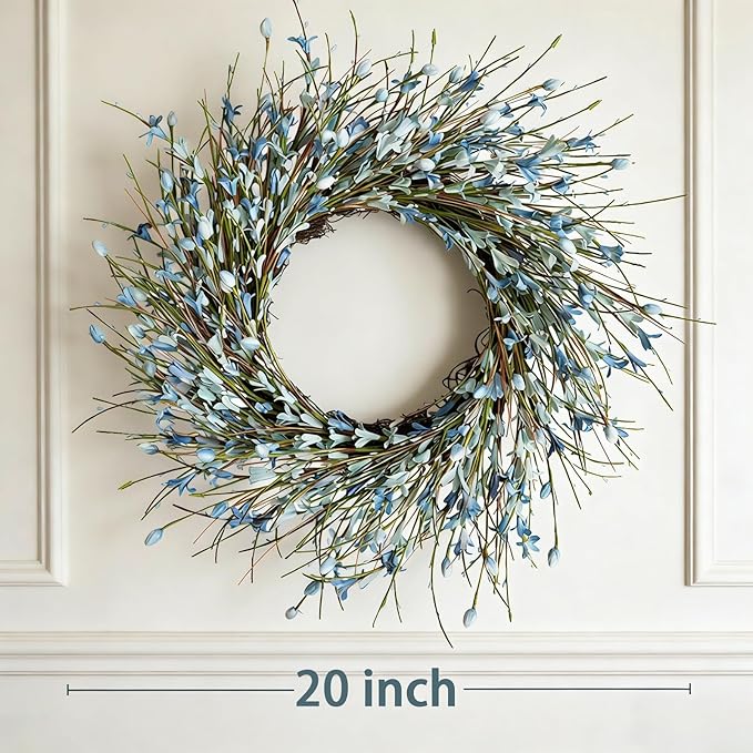 Bibelot 20inch Artificial Forsythia Flower Wreath, All Year Around Wreath for Front Door, Wedding Window Home Wall Indoor Front Door Decor (Blue, 20in)