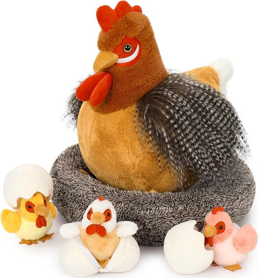 MaoGoLan 8Pcs Chicken Stuffed Animals, Stuffed Hen Plush Toys with Babies Chickens and Eggs, Nest House Plush Set, Cute and Soft Farm Stuffed Animals Gift for Kids