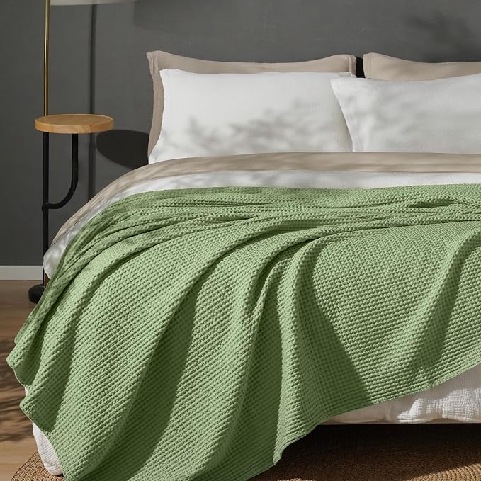 PHF Pre-Washed 100% Cotton Waffle Weave Blanket Twin Size for Bed,Snag Proof Throw Blanket for Couch Spring Summer Lightweight Breathable,Machine Washable, Home Decor Gift - Loden Green