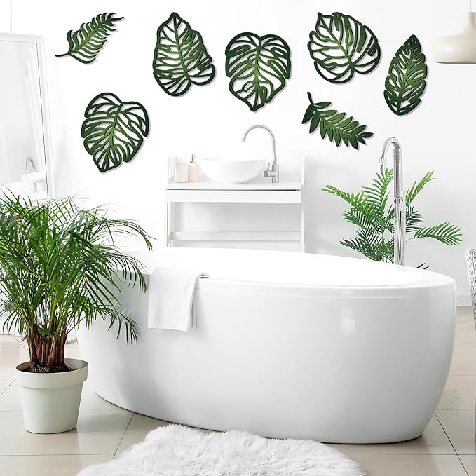 Namalu 7 Pcs Tropical Wall Decor Jungle Monstera Wall Art Boho Palm Leaf Wooden Decoration Tropical Nursery Decor Vintage Natural Monstera Leaf Plaque for Farmhouse Kitchen Bedroom Garden(Green)