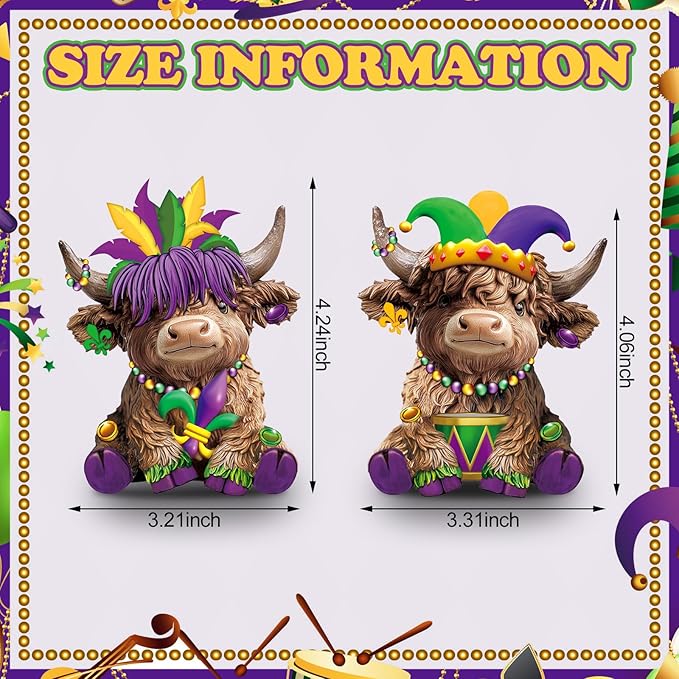 Karenhi 2 Pcs Mardi Gras Highland Cow Figurines, Carnival Feather Mask Beads Scottish Cow Resin Statues Gnomes Gifts for Tiered Tray Table Home Kitchen Office Party Decor
