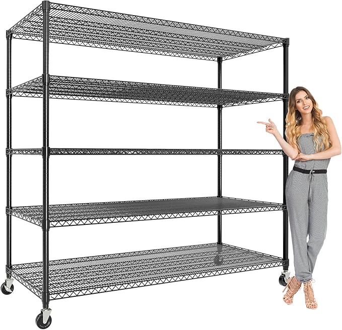 Garvee 5-Tier Metal Shelving with Wheels, Heavy Duty Rolling Storage Shelves 3300LBS Loads, Adjustable Wire Rack Shelving Unit for Garage Kitchen Pantry Commerial, 82" H x 59" W x 23.6" D, Black ﻿ ﻿