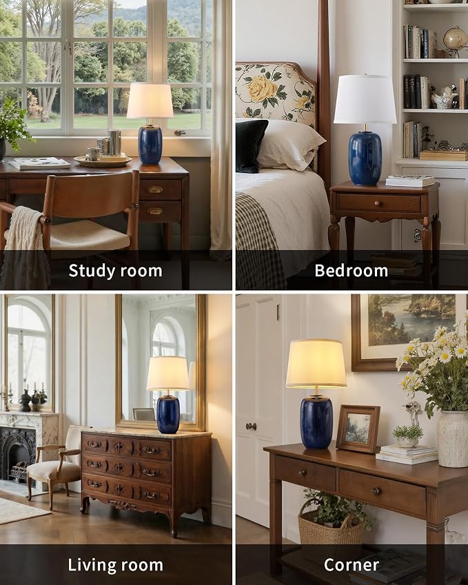 PUSU 22 Inch Blue Ceramic Table Lamps Set of 2, Fabric Lampshade Living Room Office Desk lamp, E26 Socket Rotary Switch Lighting for Bedroom, Nightstand, Reading, Office, Study, Corner, Home Decor