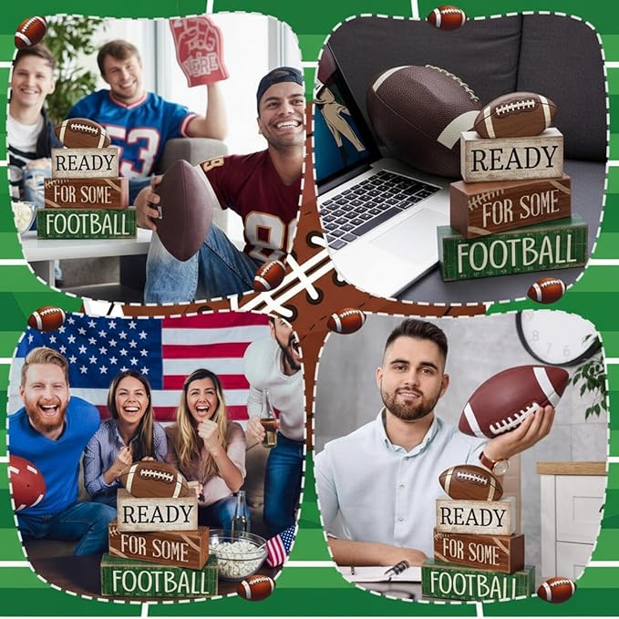 Yuntau 4pcs Football Christmas Table Decoration Happy Football Wooden Block Sign Rugby Tiered Tray Decor Centerpiece Decorative Faux Book Stack for Holiday Tabletop Fireplace Shelf Desk Party Decor