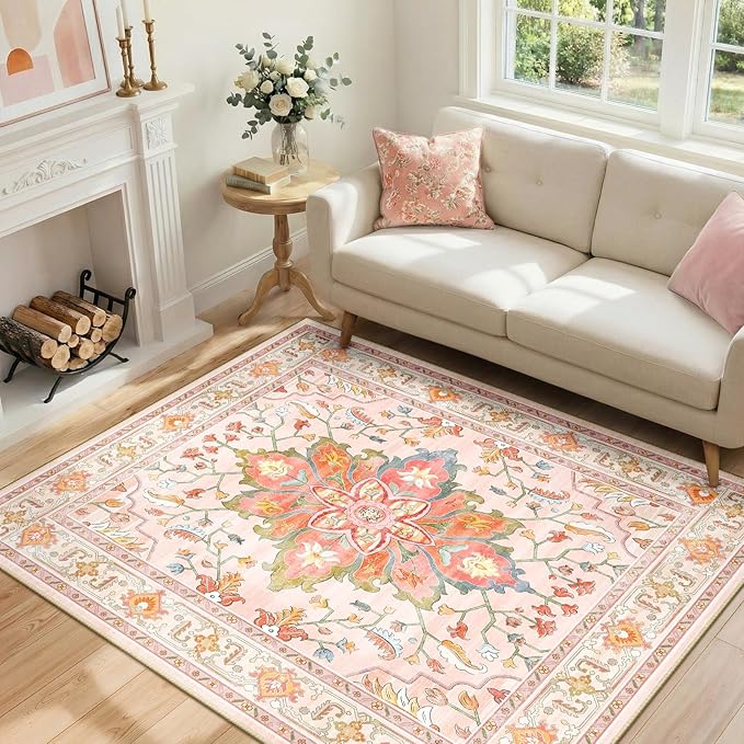 RELEANY Area Rugs 4'x5' Washable Non-Slip, Floral Vintage Distress Print Pattern Medallion Carpet for Living Room Bedroom Dining Room, Light Pink Colorful
