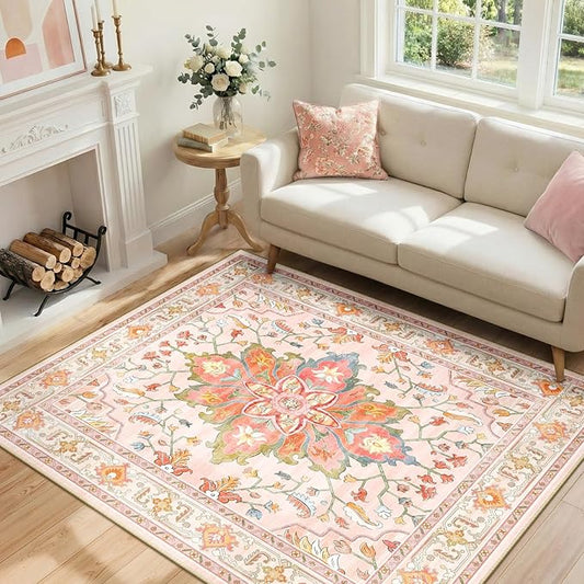 RELEANY Area Rugs 4'x5' Washable Non-Slip, Floral Vintage Distress Print Pattern Medallion Carpet for Living Room Bedroom Dining Room, Light Pink Colorful
