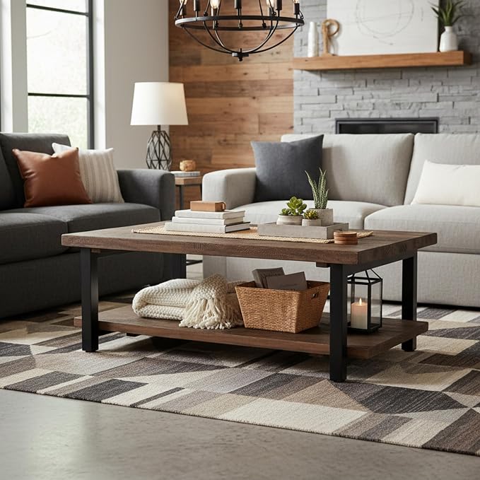 Alaterre Furniture Pomona Solid Wood Coffee Table, Rustic Brown, 48” | Large Rectangular Center Table with Storage Shelf and Metal Legs, Rustic Industrial Farmhouse Living Room Table
