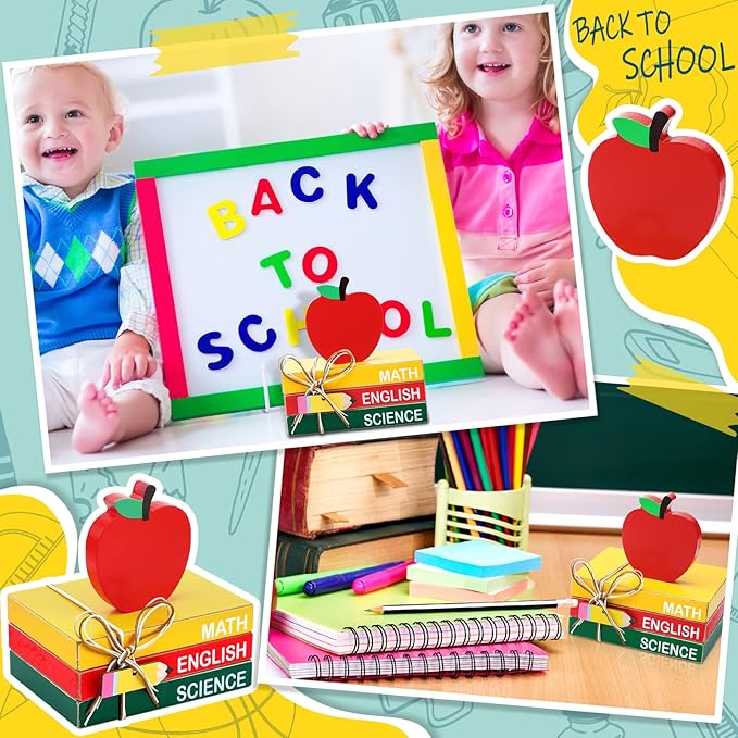 Pinkunn 4 Pcs Back to School Table Decorations Wooden Apple Prop Book Stack Decor for Classroom First Day of School Centerpiece Desktop Tiered Tray for Teacher Office Desk Shelf