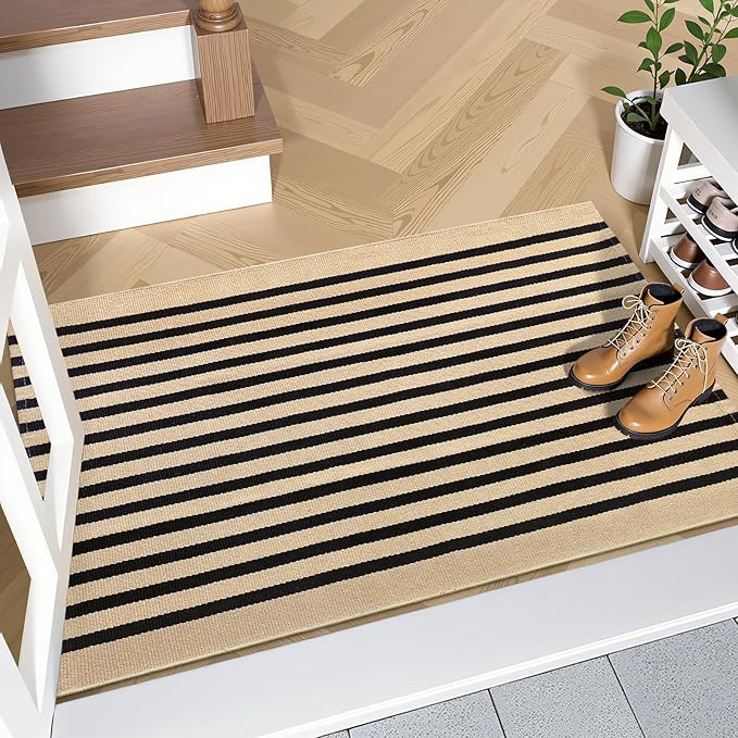 OLANLY Brown and Black Striped Rug 2' x 3' (24" x 36") – Washable Cotton Doormat for Indoor Outdoor Use, Layered Front Porch Rug for Entryway, Kitchen, Patio