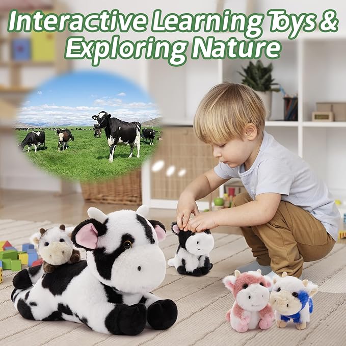 MorisMos 5Pcs Cow Stuffed Animals, 16inch Mommy Cow with 4 Babies, Soft Stuffed Cows Plush Gift Kids, Boys, Girls