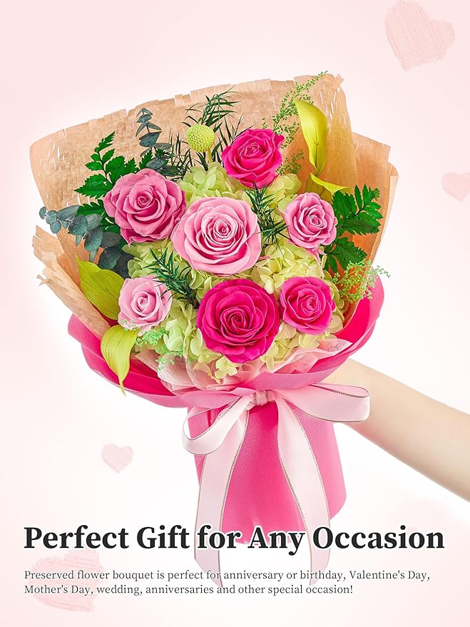 Flomoon Forever Flowers Gifts for Mom, Mothers Day Preserved Flowers Bouquet Birthday Gifts for Her, Preserved Roses for Grandma Wife Anniversary Valentines Day Christmas (7Roses, Hot Pink)