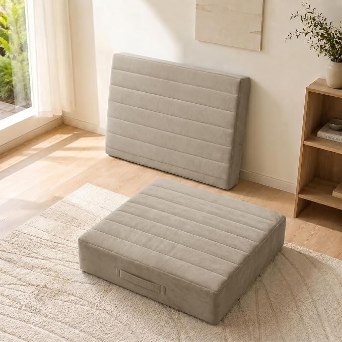 JKMAX 2 Pcs High Density Foam Floor Pillow - Upgraded Large Pillows Seating for Adults - Outdoor Floor Cushion with Soft Tufted Cover - Yoga Pillows for Sitting On Floor - 22 Inch Khaki