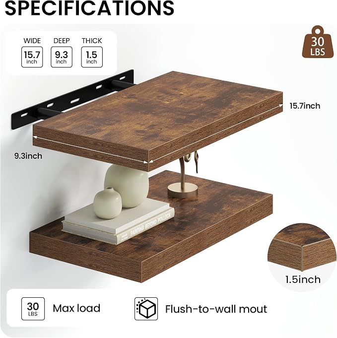 Heimlove 16 inchs Floating Shelves for Wall Set of 2,Shelf for Small Bathroom,Bedroom,Living Room,Kitchen,Modern Home Decor,Rustic Farmhouse Wall Shelves with Invisible Brackets,Rustic Brown