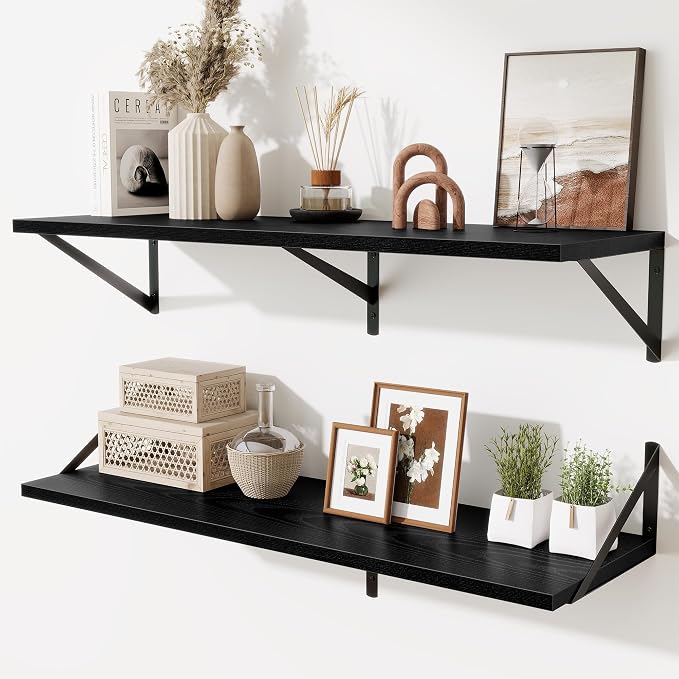 Acovy Black Deep Floating Shelves for Wall,36" Wx10 D Wood Wall Shelves with Metal Brackets,Hanging Storage Floating Shelf for Living Room,Bedroom,Bathroom,Office,Kitchen