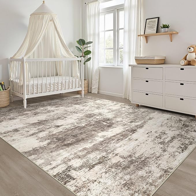 6x9 Area Rugs Living Room: Washable Large Neutral Rug Abstract Soft Modern Stain Resistant Indoor Floor Non-Slip Carpet for Bedroom Nursery Kids Office Playroom Dining Room Under Table- Mocha Brown