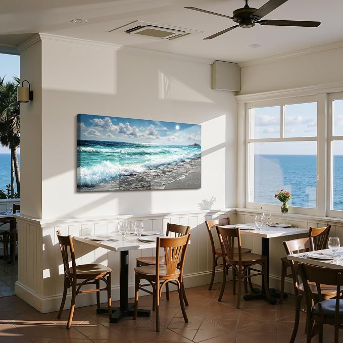 imjiayu Large Ocean Canvas Wall Art, Realistic Wave Seascape Painting, Coastal Beach Sunburst Wall Decor for Living Room Bedroom Office Home Decor, 24" x 48"