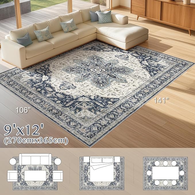 Tortania Area Rug Living Room Rugs - 9x12 Washable Boho Rug Vintage Oriental Distressed Farmhouse Large Thin Indoor Carpet for Living Room Bedroom Under Dining Table Home Office - Indigo