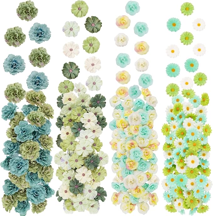 ATTGREAT 310 Pcs Fake Flower Heads Mini Artificial Flower Bulk Silk Flowers for Decoration Small Faux Flower Heads Fabric Daisy Buds Floral for Crafts DIY Wedding Party Baby Shower Home Decor, Green
