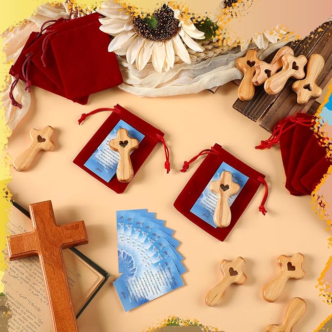 Bucherry 100 Set Olive Wood Cross My Heart Small Pocket Crosses with Bags and Prayer Cards Jesus Christian Holding Hand Crosses Bulk for Christmas Baptism First Communion Gift (Wood,2.36 Inches)