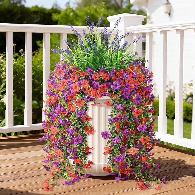 Artificial Fake Flowers Plants for Outdoor Decoration,3 Pcs Faux Hanging Flowers with Lavender Spring Summer Decor,UV Resistant Realistic Fake Silk Flowers for Planter Balcony Yard Porch Garden Decor