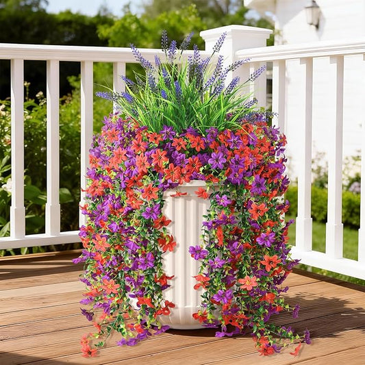 Artificial Fake Flowers Plants for Outdoor Decoration,3 Pcs Faux Hanging Flowers with Lavender Spring Summer Decor,UV Resistant Realistic Fake Silk Flowers for Planter Balcony Yard Porch Garden Decor
