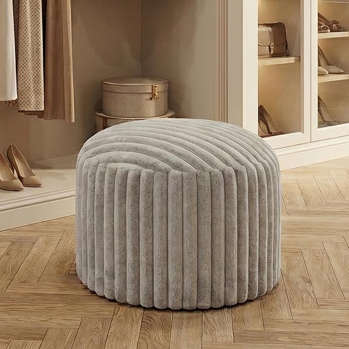 Round Stuffed Pouf Ottoman, Stripe Faux Fur Footrest, Solid Block Support+Soft Cushion Comfort, Removable Washable Cover, 20" Floor Pouf for Living Room Bedroom Dorm Vanity Under Desk, Gray