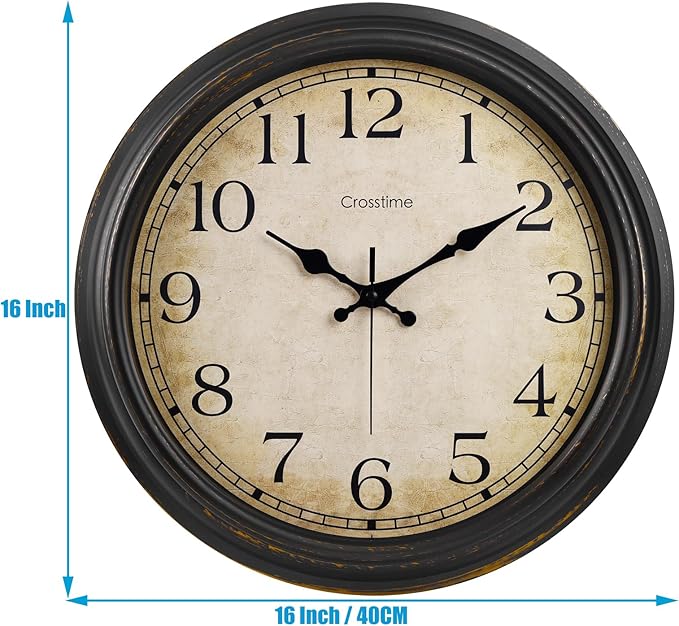 Crosstime 16 Inch Large Vintage Wall Clock - Silent Non-Ticking Retro Round Clock, Battery Operated Classic Bronze Wall Decor for Living Room, Bedroom, Office