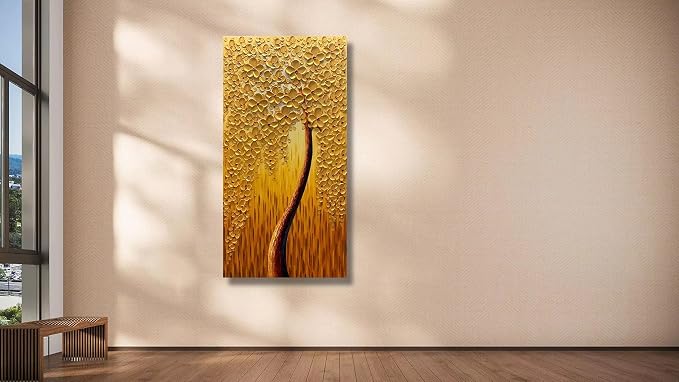 Yika Art, 3D Paintings Modern Abstract Oil Painting Hand Painted On Canvas Abstract Artwork Picture Wall Decoration for living room - Golden Lucky Tree Wall Art-24X48 Inch