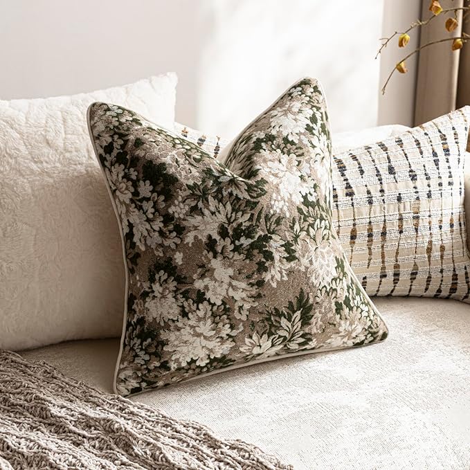 DEZENE Pack of 2 Vintage Floral Throw Pillow Covers 16x16 Boho Farmhouse Accents Chenille Square Decorative Pillow Cases for Living Room Couch Bed Home Decor, Green and Taupe