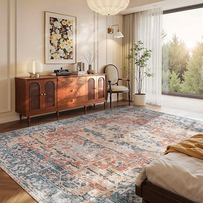 Rugxara Orange 5x7 Area Rugs for Living Room Bedroom, Washable Rug, Coral Vintage Retro Boho Rug, Non Slip & Low Pile Carpet for Indoor Dining Room, Kids Room, Nursery Room(Coral Blue 5x7ft)