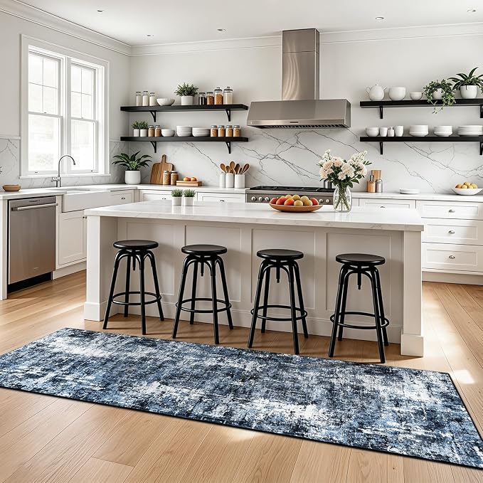 Rugflix 2'6"x8' Runner Rug for Hallway, Washable Navy Blue Long Runners | Machine Washable; Stain-resistant; Low Pile; Non-slip; Modern Abstract; Black Carpet for Entrance Kitchen Hallway Home
