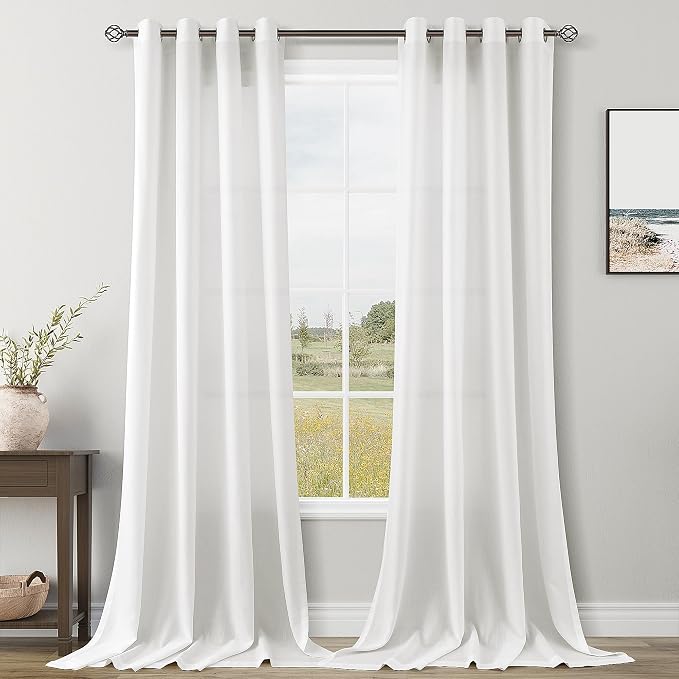 Off White Linen Curtains 102 inch Length for Living Room 2 Panels Set Soft Thick Textured Grommet Semi Sheer Light Filtering Window Curtain Burlap Look Rustic Farmhouse Home Privacy Drapes 52x102