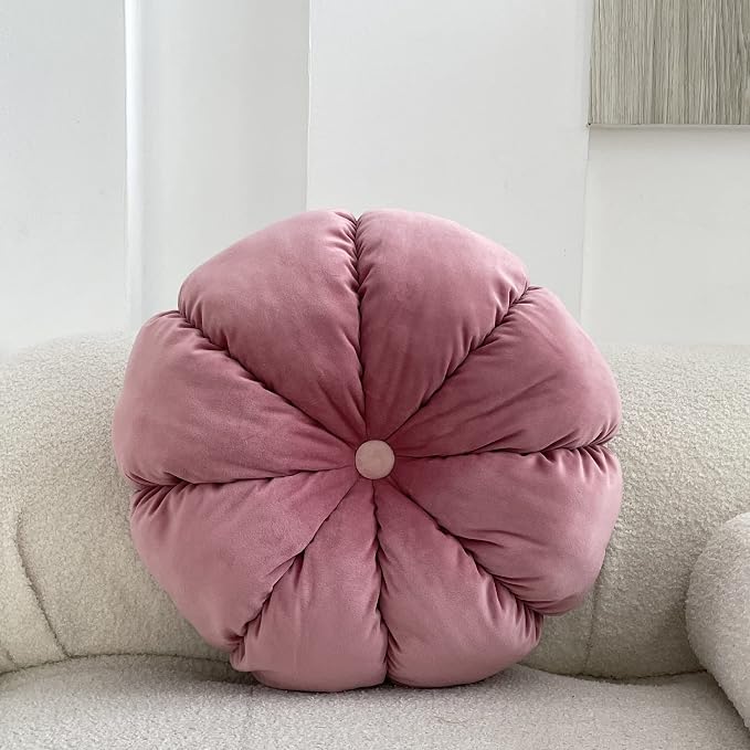 MOJUN Round Velvet Pillow Pumpkin Pleated Cushion Throw Pillow Home Decorative for Couch Chair Bed Car (Pink, 17.7 inch)