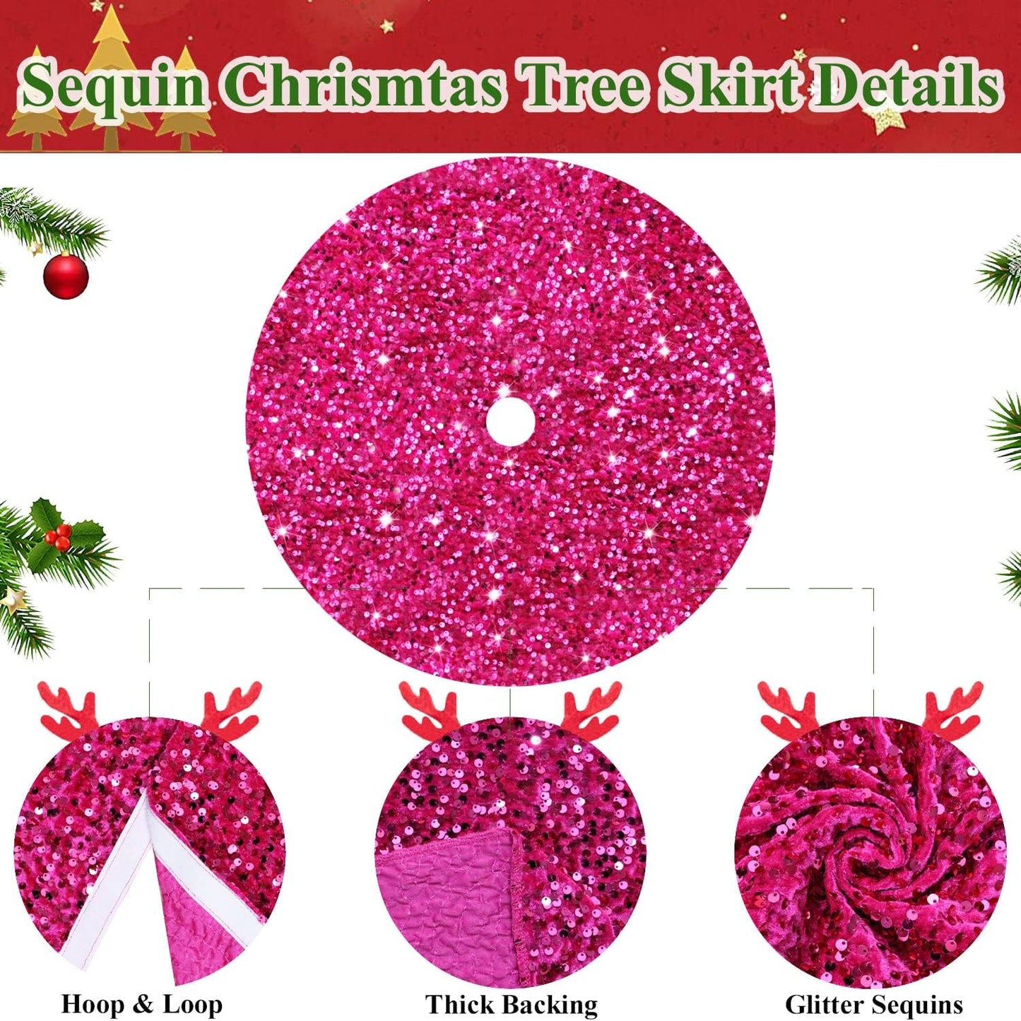 MODFUNS Glitter Christmas Tree Skirt Hot Pink Sparkly Tree Skirt 60 Inch Christmas Tree Mat Large Sequins Xmas Tree Skirt Rustic Shiny Tree Carpet Velvet Tree Cover Skirt for Xmas Celebration Decor
