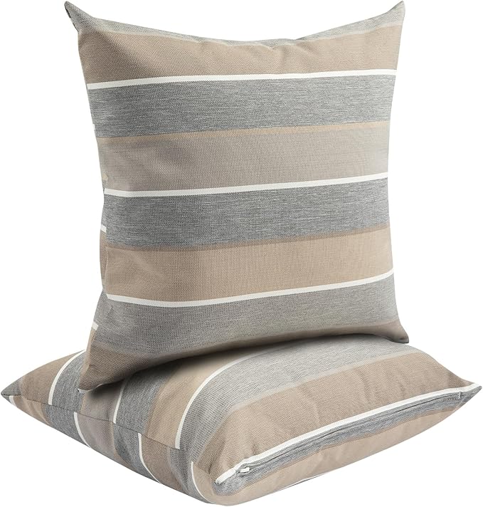 FUNHOME Waterproof Outdoor Throw Pillow Covers Set of 2,Home Decor for Garden Patio Furniture,Couch,Sofa 18 x18 Inch Decorative Pillows Cover Only,NO Insert(Gray Stripe)
