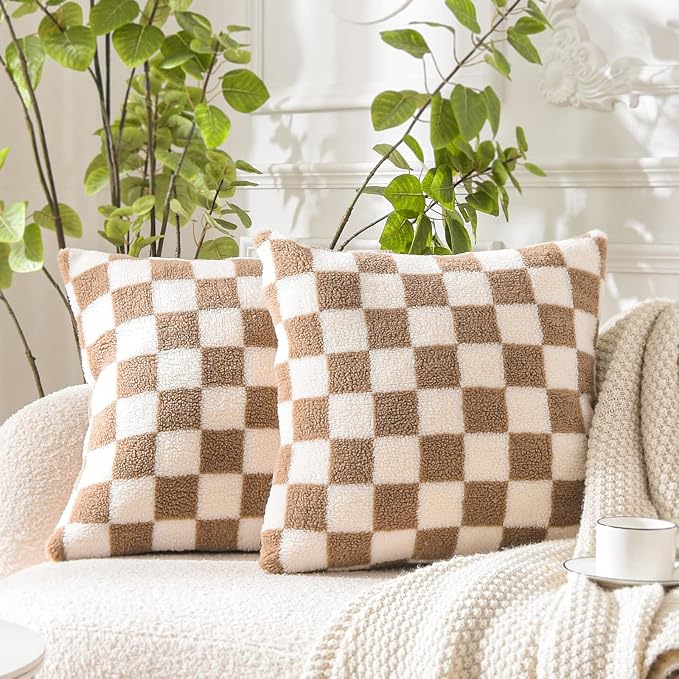 WACOMECO Decorative Throw Pillow Covers - Soft Sherpa Checkerboard Cushion Covers Faux Fur Pillow Cases for Sofa Bedroom Livingroom Car, 16 x 16 in, Khaki and Off White