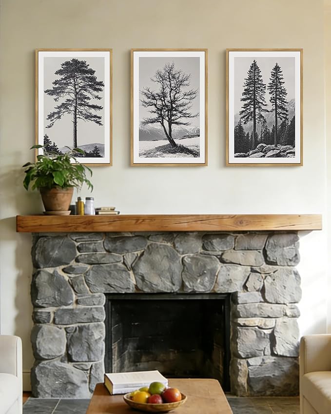 PHOPAGO Vintage Antique Tree Framed Wall Art Large 16x24in Black and White Retro Forest Wall Decor Nature Wilderness Sketch Paints Modern Decor - Natural Framed